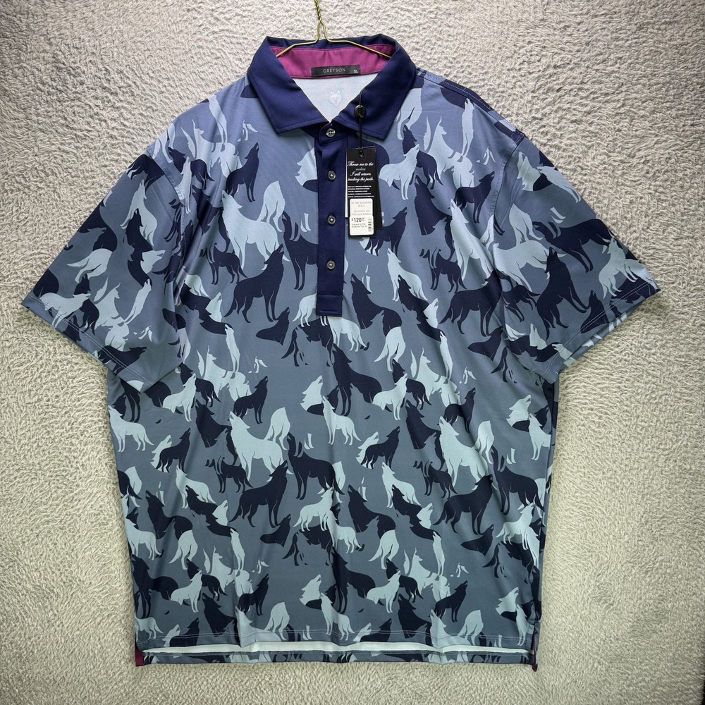 Greyson Golf Polo Shirt Mens XL Blue Wolf AOP Short Sleeve Wolves NWT MSRP $120